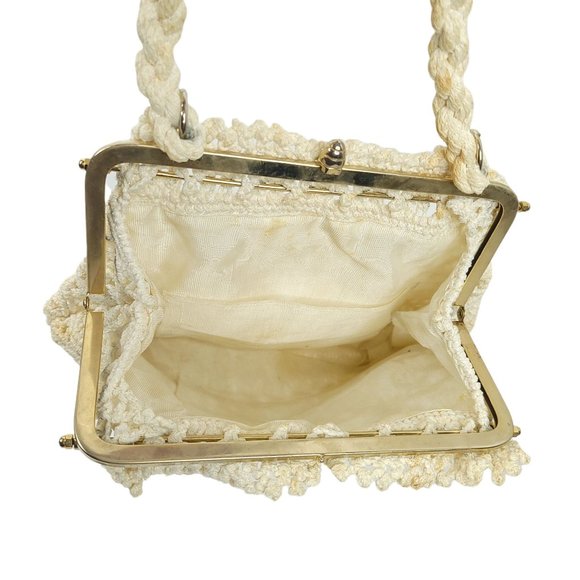 Vintage Crochet Handbag AS-IS READ Rope Handle Boho Purse Clasp Closure Cream - Picture 4 of 11